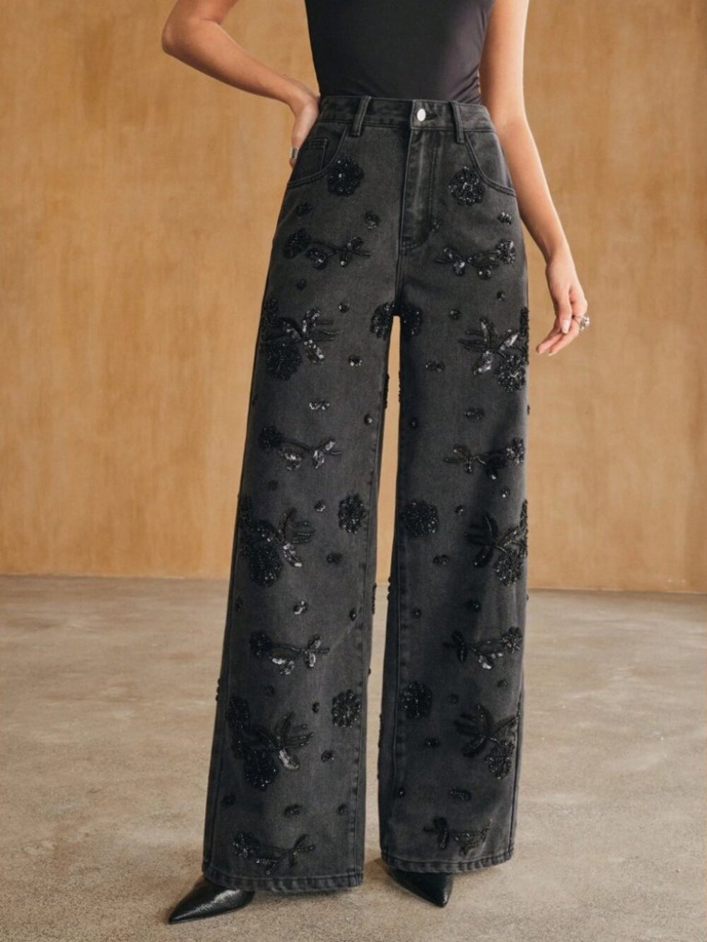 Black Sequin Floral Embellished Wide Leg Denim Jeans